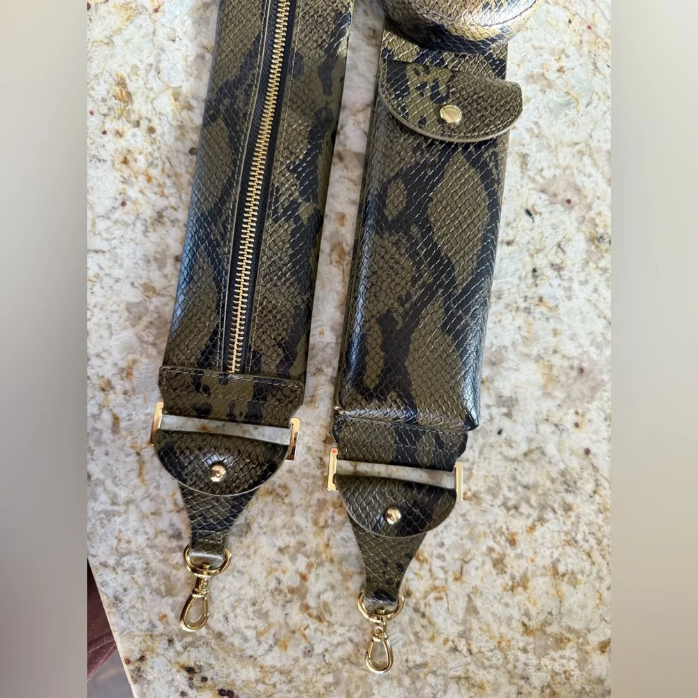 BANDOLIER “Jayden” Leather Utility Strap in Brown Snake and Gold, Like New